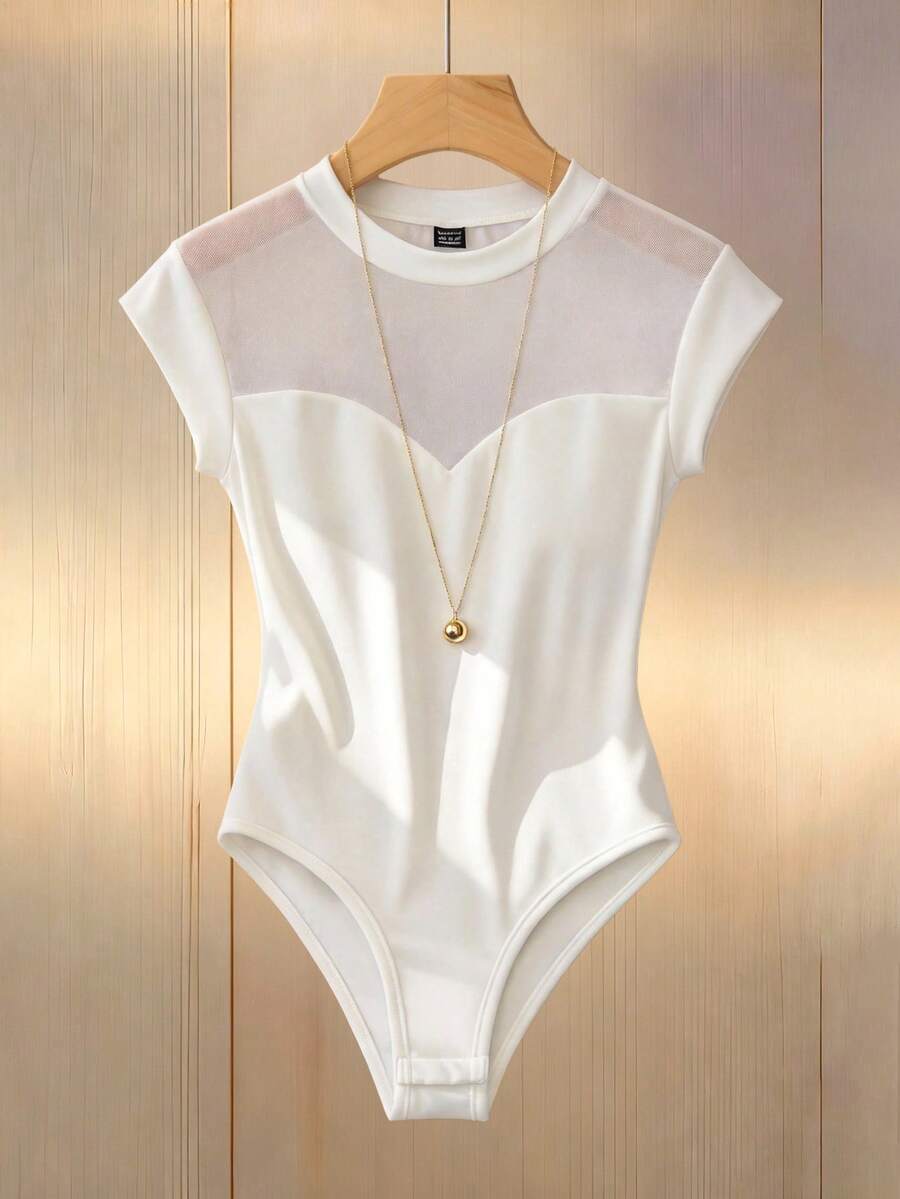 SHEIN Franclia Women's Fashion Sheer Mesh Stand Collar Bodysuit With Fitted Sleeves White Bodysuit Mesh Bodysuit White One Piece Bodysuit Short Sleeve Bodysuit - White - View 1