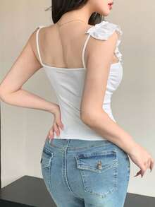 DAZY Áo thun nữ màu trơn trễ vai, xếp ly, ôm dáng, kiểu dáng thường ngày, phong cách Y2K dễ thương. - trắng - Xem 5