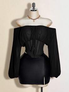 SHEIN ICON 女士棕色露肩长袖西式拼接腰部上衣，秋冬季 - 黑色 - 查看 1