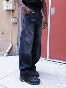 BelSigned BelSigned 1pc Justice Brother Casual Patchwork Loose Fit Barrel Leg Jeans, Distressed Wash, Street Style Pants (Belt And Accessories Not Included) - Black - View 3