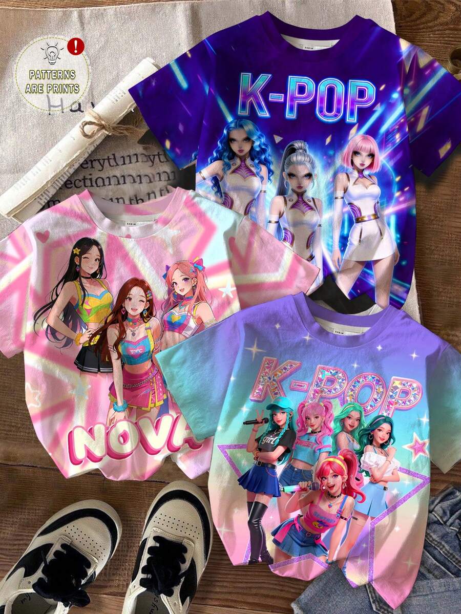 年轻女孩休闲简约时尚街头风卡通偶像团体图案圆领短袖基础款T恤 - 彩色 - 查看 1