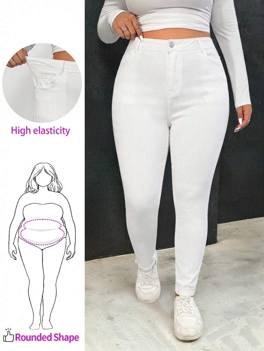 Enliva Plus Size Women High Waist Pockets Skinny Casual Versatile Jeans, For Apple And Rounded Body Shape - White - View 1