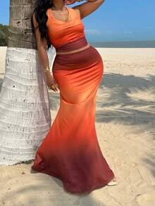 Sunnyshic Plus Size Fashion Ombre Cowl Neck Top And Fish Tail Skirt 2 Pieces Set, Suitable For Beach Vacation - Purple - View 7