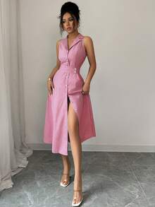 Elenzga 女士优雅休闲通勤条纹连衣裙 - 紅色 - 查看 4