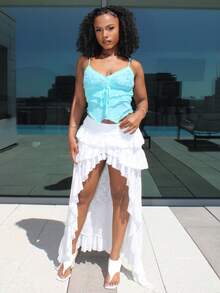 Steph T Chân váy ren xếp tầng viền cao thấp cạp siêu thấp - trắng - Xem 4