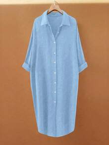 SHEIN LUNE 大码女士纯色衬衫裙，简约翻领单排扣长款不对称下摆百搭休闲宽松衬衫，适合秋冬季节穿着，夏季长款衬衫，女士长款上衣，女士长款衬衫裙 - 藍色 - 查看 3