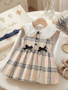 Souflis 法式新款女童夏季薄款格子白领无袖可爱甜美连衣裙，适合购物和户外活动 - 彩色 - 查看 1