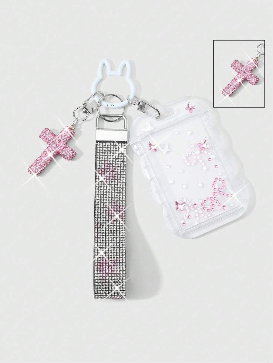 ROMWE Kawaii 1 Dây đeo cổ tay bằng nylon hình thánh giá đính đá lấp lánh, phong cách sinh viên Hàn Quốc, dễ thương và sáng tạo, đính đầy kim cương và ngôi sao, kiểu dáng ngôi sao, 'Tự làm trang sức kim cương', tặng kèm 1 miếng dán nơ hình bướm hoạt hình đính đá, 1 bao đựng thẻ ren trong suốt bằng acrylic, bao đựng thẻ dọc, bao đựng thẻ sinh viên, bao đựng thẻ du lịch, bao đựng thẻ tín dụng, bao đựng thẻ ngôi sao, móc khóa hình thỏ sơn màu, phụ kiện túi xách, mặt dây chuyền, thích hợp cho nhân viên văn phòng, sinh viên, người thích tiệc tùng, mặc hàng ngày, quà tặng ngày lễ. - Màu hồng - 122 - Xem 1