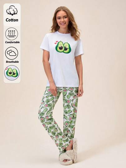 Loomlin Women Cotton 3 Pcs Round Neck Cute Avocado Print Short Sleeved Shirt & Avocado Pattern Short And Long Pants Homewear Comfort Pajama Set