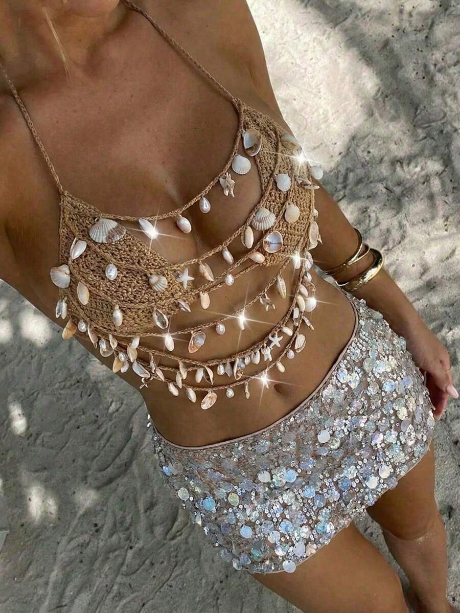 Aloruh 女士春夏新款钩针编织露背比基尼罩衫，海洋元素装饰配饰，奢华派对/音乐节，女士度假装