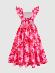 SHEIN 女童熱帶碎花洋裝，鏤空露背蝴蝶結休閒度假風百搭，姊妹套裝，適合公園露營、家庭拍照、派對聚會、日常休閒 - 彩色 - 查看 4