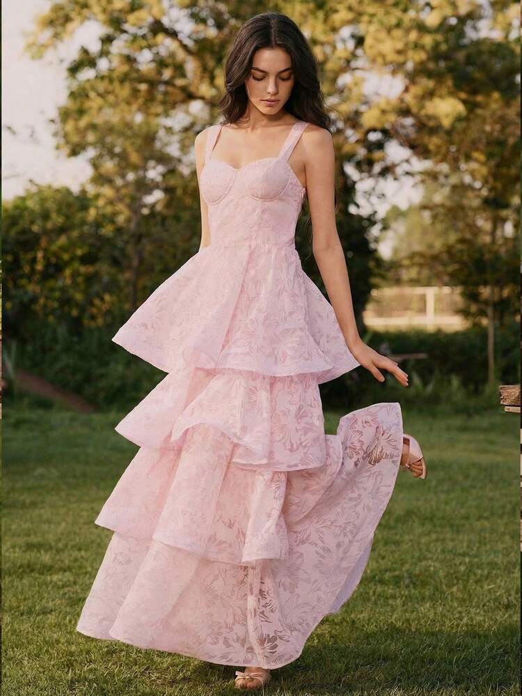 Anewsta Vestido largo elegante de fiesta con cintura fruncida y estampado floral para mujer - Rosa Pálido - Añade 4