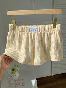 Comfortcana Quần short nữ dáng rộng, cạp chun, họa tiết chữ cái và hoa nhí màu vàng, thích hợp cho mùa xuân/hè. - Màu vàng - Xem 7