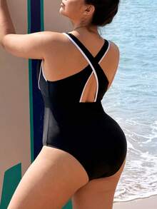 Swim SPRTY Plus Size Women One-Piece Swimsuit, Solid Color White Splice, Suitable For Beach, Pool, Swimming, Surfing, Sports - Black and White - View 1