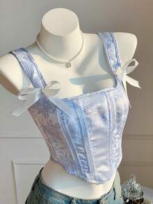 Comfortcana Shapewear Corset Blue Jacquard Elegant Court Corset, Noble Over Short Tops,Summer Top - Baby Blue - View 5