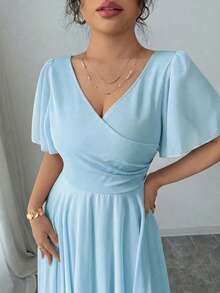 Elenzga Plus Size Women's V-Neck A-Line Chiffon Dress With Ruffle Sleeves, Simple Elegant And Romantic - Blue - View 5