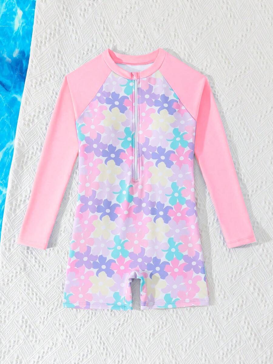 SHEIN 新款时尚少女粉色碎花连体泳衣,休闲优雅奢华,针织面料,拉链设计方便穿脱,适合海滩、度假、海边游泳,是夏季游泳的完美之选 - 淺粉色 - 查看 1