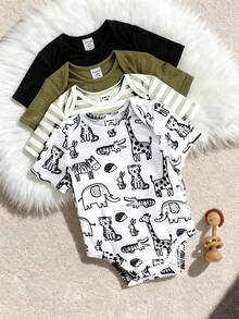 4件套婴儿男女宝宝可爱针织卡通长颈鹿、兔子、老虎、鳄鱼图案弹力条纹短袖连体衣基础款套装 - 彩色 - 查看 8