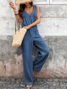 Breezaya Bộ áo liền quần denim không tay dáng casual dành cho nữ - Màu xanh lam - Xem 4