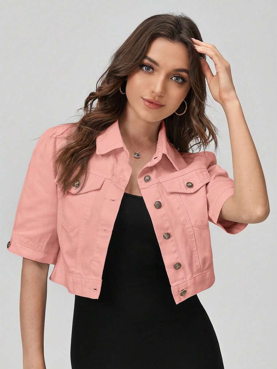 SHEIN EZwear Áo khoác denim nữ tay ngắn, cài một hàng khuy, kiểu dáng thường ngày - Màu Hồng  Dưa hấu - Xem 1