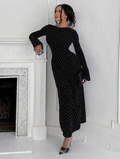 Shopreo 女式圆领喇叭袖休闲波尔卡圆点露背连衣裙，夏季时尚