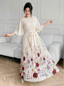 Feyla 女士花卉图案褶皱设计插肩袖优雅连衣裙 - 白色 - 查看 4