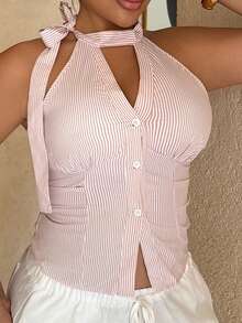 Maria Perezxox 女式新款无袖蝴蝶结高腰修身条纹衬衫 - 西瓜粉 - 查看 6