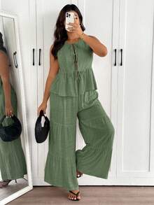 SHEIN Frenchy Plus Size Summer Casual Boho Brown 2 Pieces Set Women Multi-Layer Ruffle Patchwork Top+Pants Versatile Holiday Beach Gym Vacation Daily Wear Outfit - Green - View 5
