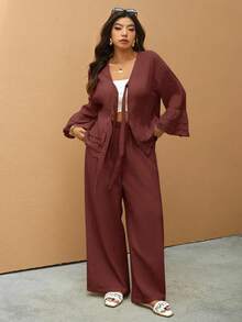 Elaquor Plus Size Casual Minimalist Vacation Solid Color Embroidered Patchwork 2-Piece Set, Women's Shirt + Women's Pants, Suitable For Romantic Vacation, Casual Home, Daily Wear, Spring New Arrival - Burgundy - View 7