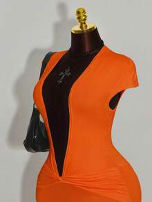 Amplova Deep Draped Neck Twist Front Jumpsuit With Ruched Sleeves - Orange - View 4