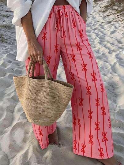 Ceyna Plus Size Women's Casual Bow Print Drawstring Pants, Summer Pink Patterned Pants Wide Leg Pants Bow Print Pants Wide Leg Summer Pants Vacation Pants Pink Pants Beach Pants For Women Boho Pants For Women Vacation Outfits For Women Beachy Outfits For Women Women's Beach Outfits Beach Coords For Women Beach Pants Cover Up