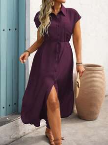 Ceyna 女士单竹结亚麻衬衫领前襟纽扣胸袋腰带蝴蝶结下摆侧开衩落肩长款衬衫裙，安哥拉红，优雅复古法式办公室通勤商务度假休闲海滩街头简约百搭下午茶派对春夏紫色衬衫裙紫色连衣裙女士衬衫裙加大码衬衫裙梅子色连衣裙女士衬衫裙加大码紫色连衣裙曲线休闲连衣裙加大码休闲连衣裙 - 紫紅色 - 查看 5