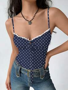 Rina Fox 女士波点撞色蕾丝镂空系带吊带背心，性感约会、度假必备，包容性强，修身显瘦，复古风，新品上市，修饰梨形身材，3D立体剪裁，复古性感，荷叶边肩带，复古印花 - 藏蓝色 - 查看 6