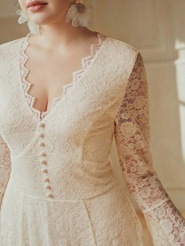 Plus Size Women's Long Sleeve Lace Long Dress, Elegant Delicate Spring/Summer Dress