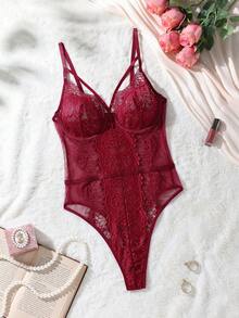 SHEIN Mono sin espalda con encaje romántico y sujetador de acero para mujer, ideal para raves - Burdeos - Ver 5