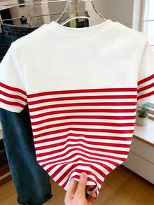 Resyla Women's Casual Cherry Striped Print Short Sleeve T-Shirt, Suitable For Daily Commute And Vacation - Multicolor - View 2