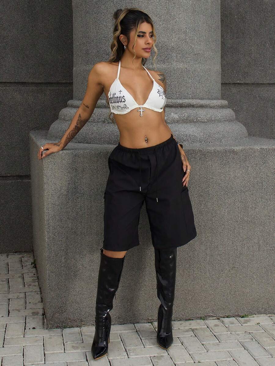 Rayane Ketlyn 女式春季纯色休闲工装短裤,腰部有抽绳 - 黑色 - 查看 1