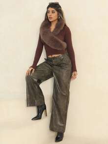 Rayane Ketlyn 女式新款时尚V领蓬松拼接长袖修身针织毛衣，性感深V领，咖啡色 - 咖啡棕 - 查看 2