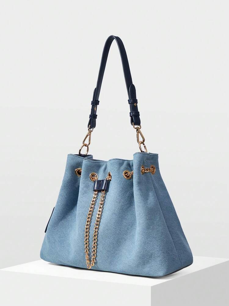 WOMEN'S FASHION SHOULDER BAG, CASUAL RETRO LIGHT BLUE SPLICING CHAIN TOTE BAG, DAILY, COMMUTING, SHOPPING, TRAVEL, VERSATILE