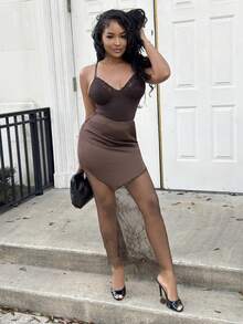 Alexandranx 女士蕾丝拼接半身裙，咖啡棕色，优雅女士，新年，派对，沙滩裙，缎面蕾丝半身裙，派对，新年，约会蕾丝半身裙，长款棕色半身裙，不对称半身裙，开衩半身裙，透视半身裙 - 咖啡棕 - 查看 5