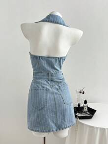 Elamini Áo sơ mi denim kẻ sọc phong cách Y2K thường ngày - Rửa nhẹ - Xem 2