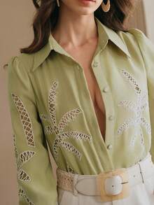 Anewsta Women's Elegant Fashion Vacation/Date Chic Hollow Embroidery Pattern Long Sleeve Blouse, Spring/Summer - Green - View 5