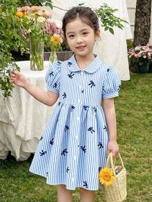 SHEIN Playful Pals 女童休闲时尚格子蝴蝶结印花泡泡袖衬衫裙，适合春夏外出、户外、上学和日常穿着 - 藍色 - 查看 7