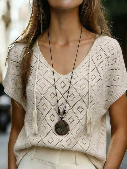 Ellegaria. Vacation Style Loose V-Neck Short Sleeve Knitted Diamond Hollow-Out Front Tie Design Apricot Women Knit Top, Spring/Summer