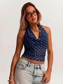 SHEIN BAE Camiseta de punto holgada con cuello halter de malla marrón minimalista, adecuada para uso casual, ir al trabajo, citas, salir con amigos, vacaciones en Italia y diversas ocasiones en primavera y verano - Azul Marino - Ver 3