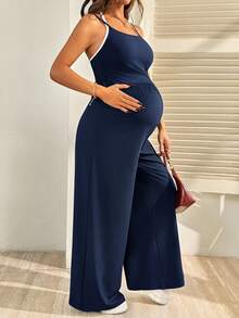 SHEIN 孕妇休闲阔腿连体裤 - 寶藍色 - 查看 7