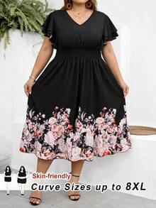 SHEIN CURVE+ Curve 尺码 US22 音乐节、海滨度假、波西米亚风女士优雅印花中长裙、春夏印花连衣裙 - 彩色 - 查看 10