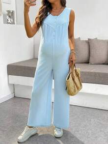 SHEIN 孕妇夏季休闲度假日常通勤纯色纹理面料半开襟无袖宽松哺乳连体裤 - 藍色 - 查看 9