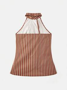 lacRébo Red Rust Brown Stripe Sleeveless Top With Bow Detail And Straight-Leg Pants Set,Chic French Parisian Style Summer Casual Vacation Holiday Outfit - Multicolor - View 7