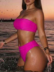 Conjunto De Traje De Baño De Dos Piezas De Color Liso - Rosa Fucsia - Ver 4